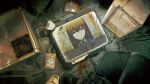  1girl brown_hair coat collared_shirt computer from_above frown game_cg hair_between_eyes hard_drive highres huke lab_coat lapels makise_kurisu makise_kurisu_(amadeus) monitor necktie non-web_source notched_lapels official_art purple_eyes red_necktie ringed_eyes sad shirt solo square_pupils steins;gate steins;gate_0 white_coat white_shirt 