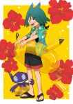  1boy :d absurdres anipoke_uruto black_sandals black_shorts border brown_eyes collared_shirt commentary_request flower green_hair green_shirt happy highres holding holding_swim_ring innertube jewelry knees male_focus necklace open_clothes open_mouth open_shirt pokemon pokemon_(anime) pokemon_horizons red_flower sableye sandals shirt short_sleeves shorts smile standing swim_ring teeth toes tongue ult_(pokemon) white_border yellow_background 