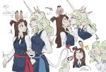 1_horn 5_fingers accessory alternate_species anthro anthro_on_anthro atsuko_kagari black_ear_tips black_ears black_eyebrows black_text blue_bottomwear blue_clothing blue_eyes blue_skirt blue_topwear blue_vest blush blush_lines bottomwear breasts brown_hair chin_grab closed_frown clothed clothed_anthro clothed_female clothing collared_shirt dialogue diana_cavendish dipstick_ears dress_shirt duo ear_markings ellipsis english_text equid equine eye_contact eyebrows eyelashes eyes_closed female female/female female_anthro fingers frown fur furrification gesture green_hair green_tail hair hair_accessory hair_tie hands_behind_back heart_symbol hi_res horn humanoid_hands interrobang interspecies kiss_on_lips kissing lagomorph leaning leaning_forward leporid little_witch_academia long_hair long_sleeves looking_at_another mammal medium_breasts mouth_closed multicolored_ears multicolored_hair mythological_creature mythological_equine mythology one_ear_up palms pink_inner_ear pink_nose rabbit raccoattack red_eyes school_uniform sequence shirt simple_background skirt snout studio_trigger stuttering surprise surprise_kiss tail talking_to_another text topwear two_tone_hair two_tone_tail unicorn unicorn_horn uniform vest waving white_background white_body white_clothing white_ears white_fur white_hair white_horn white_shirt white_tail white_topwear wide_eyed