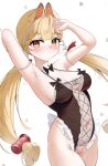  1girl absurdres ahoge alice_thymefield animal_ears armpits arms_up blonde_hair blush braid breasts censored cowboy_shot english_commentary expressionless heart heavy_breathing heterochromia highres knosdeba large_breasts long_hair looking_at_viewer mosaic_censoring navel nose_blush pussy red_eyes sideboob simple_background solo variant_set white_background yellow_eyes zenless_zone_zero 