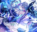  1girl armpits bubble crown detached_sleeves dress duel_monster dutch_angle fish_girl hair_between_eyes halter_dress halterneck highres kitkallos_(yu-gi-oh!) long_hair looking_at_viewer pipu_012 pointy_ears tearlaments_kitkallos yu-gi-oh! 