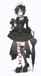  1girl absurdres aburi-gatana alternate_costume antenna_hair black_choker black_dress black_hair black_shoes black_thighhighs black_umbrella choker contrapposto dress frilled_dress frilled_sleeves frills gothic_lolita highres holding holding_stuffed_toy holding_umbrella idolmaster idolmaster_(classic) juliet_sleeves kikuchi_makoto lace lace-trimmed_legwear lace-trimmed_thighhighs lace_choker lace_trim lolita_fashion long_sleeves looking_at_viewer parasol parted_lips puffy_sleeves purple_eyes shoes short_hair simple_background single_thighhigh solo standing stuffed_animal stuffed_toy teddy_bear thighhighs umbrella white_background 
