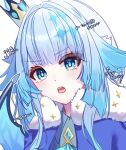  1girl absurdres blue_coat blue_eyes blue_hair cerydra_(honkai:_star_rail) coat commentary_request crown fur-trimmed_coat fur_trim highres honkai:_star_rail honkai_(series) nekoto_728 open_mouth simple_background solo teeth translation_request upper_body upper_teeth_only white_background 