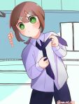 1girl black_necktie black_pants brown_hair collared_shirt dot_nose green_eyes indoors long_bangs long_sleeves necktie non_ni_1111 pants rita_(youchien_wars) security_camera shirt solo twitter_username tying_necktie white_shirt window youchien_wars 