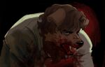 angry anthro black_background blood blood_covered blood_in_mouth blood_on_clothing blood_on_face blue_eyes bodily_fluids brown_body brown_fur brown_hair canid canine canis clothing domestic_dog fangs_bared fur gore hair hunched_over male mammal open_mouth red_background shirt simple_background snailz_gutz solo topwear