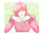  1boy alternate_color ben-day_dots border cherry_blossoms closed_mouth colored_eyelashes commentary elbows_on_table epaulettes flower garma_zabi gloves green_background green_eyes gundam hair_between_eyes hair_flower hair_ornament head_on_hands head_tilt highres jacket long_sleeves looking_at_viewer male_focus military_uniform mobile_suit_gundam murakami_(mrkm3103) outside_border pink_flower pink_hair pink_jacket screentones short_hair simple_background smile solo upper_body white_border white_gloves 