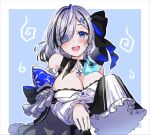  1girl bare_shoulders black_hair black_nails black_ribbon blue_eyes blue_fire blue_ribbon blush breasts buttoned_cuffs buttons choker cleavage cowboy_shot cross cross_necklace crystal_hair_ornament ebsk_oekaki fire first_stage_production frilled_wrist_cuffs frills ghost grey_hair hair_over_one_eye hair_ribbon highres jewelry large_breasts long_sleeves looking_at_viewer multicolored_hair necklace open_mouth pleated_shirt ribbon shirt simple_background single_sleeve_past_fingers sleeves_past_fingers sleeves_past_wrists smile solo streaked_hair virtual_youtuber white_shirt white_wrist_cuffs wrist_cuffs yuyu_yura 