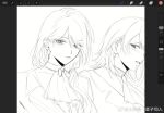  2girls art_program_in_frame ass bang_dream! bang_dream!_it&#039;s_mygo!!!!! closed_mouth commentary_request green_eyes long_hair mole mole_under_eye multiple_girls open_mouth procreate_(medium) purple_eyes shiina_taki siy_(shengxiu760722) spot_color unfinished upper_body yahata_umiri 