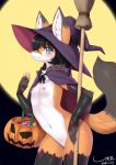  2019 alternate_version_at_source anthro barely_visible_genitalia barely_visible_pussy blush breasts canid canine female fox fur hair halloween hi_res holidays jack-o&#039;-lantern kemono mammal nipples pussy smile solo wolflong 