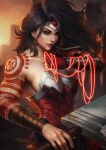  1girl absolute_dc absolute_wonder_woman absurdres arm_tattoo black_hair blue_eyes commentary dc_comics english_commentary highres holding holding_lasso holding_sword holding_weapon lasso lasso_of_truth long_hair monori_rogue red_tattoo solo sword tattoo tattoo_sleeve weapon wonder_woman 
