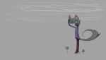 2013 ambiguous_gender anthro bottomwear brown_bottomwear brown_clothing brown_pants clothing digital_drawing_(artwork) digital_media_(artwork) domestic_cat felid feline felis flower fur grey_body grey_fur grey_tail mammal naircat pants plant purple_clothing purple_sweater purple_topwear solo sweater tail topwear