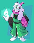 2025 3_toes 4_fingers anthro blue_background boot_(artist) clothing darkner deltarune elemental_manipulation eyewear feet fingers fire fire_manipulation fur glasses green_clothing hand_behind_back hi_res horn magic male mouth_closed no_shoes ralsei scarf simple_background solo toes undertale_(series) wearing_glasses white_body white_fur