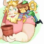  &lt;3 anthro asgore_dreemurr beard blush boss_monster bovid caprine carrying clothed clothing crown facial_hair flora_fauna flower flower_pot flowey_the_flower group horn human living_flower male mammal on_shoulder parent parent_and_child plant protagonist_(undertale) sam-yaza simple_background undertale video_games 