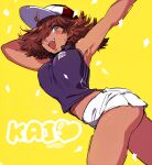  1girl :d arm_behind_head armpits ass baseball_cap big_hair black_shirt blush breasts brown_eyes brown_hair character_name confetti cowboy_shot curvy dark-skinned_female dark_skin ekubo_(ciaobero) from_side furrowed_brow genderswap genderswap_(mtf) hair_over_one_eye hands_out_of_frame hat kai_yuujirou large_breasts looking_afar looking_back medium_hair midriff outstretched_arm shiny_lips shiny_skin shirt short_shorts shorts simple_background sleeveless sleeveless_shirt smile solo tennis_no_ouji-sama two-tone_hat white_shorts yellow_background 