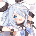  1girl :d bad_link blue_eyes blue_hair cape elbow_gloves gloves little_witch_nobeta long_hair looking_at_viewer lowres monica_(little_witch_nobeta) official_art one_eye_covered open_mouth shirt simple_background sleeveless smile solo transparent_background upper_body white_shirt 