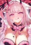  1girl :q absurdres animal_ear_fluff animal_ears black_horns bow bowtie breasts by_mirin cleavage copyright_request eyelashes gradient_horns grey_hair hair_ornament heart heart_hair_ornament highres horns multicolored_hair multicolored_horns pink_bow pink_bowtie pink_eyes pink_hair pink_horns solo streaked_hair tongue tongue_out upper_body wings 