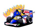 anthro bandai_namco car clothing domestic_cat felid feline felis formula_1 hat headgear headwear hi_res jaed klonoa klonoa_(series) male mammal outline pac-man_(series) shaded simple_background simple_shading smile solo vehicle white_background