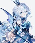  1girl aqua_eyes artist_name bare_shoulders blue_gemstone blue_hair blunt_bangs bow cerydra_(honkai:_star_rail) chest_jewel closed_mouth collared_dress commentary_request crown detached_sleeves dress gem grey_background hair_bow hair_intakes highres holding holding_staff honkai:_star_rail honkai_(series) lilaclilac00 long_hair long_sleeves looking_at_viewer looking_to_the_side puffy_long_sleeves puffy_sleeves shade simple_background sleeveless sleeveless_dress solo staff standing twitter_username upper_body wavy_hair wide_sleeves 