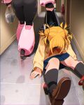  2girls absurdres bag black_socks blonde_hair blue_skirt bodysuit boku_no_hero_academia brown_cardigan brown_shoes can cardigan double_bun fire_extinguisher hair_bun hallway highres holding holding_bag khyle. multiple_girls neckerchief red_neckerchief school_uniform serafuku shoes short_hair skirt socks toga_himiko tracking_device uraraka_ochaco walking 