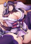  1girl absurdres alternate_breast_size areola_slip breasts cleavage fan_hair_ornament flower genshin_impact highres huge_breasts japanese_clothes kimono long_hair long_sleeves low-braided_long_hair low-tied_long_hair lying on_back panties purple_eyes purple_flower purple_hair purple_kimono purple_nails purple_panties purple_thighhighs raiden_shogun solo spread_legs tama_yu thighhighs tomoe_(symbol) underwear variant_set very_long_hair 