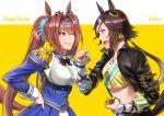  2girls animal_ears azasuke black_jacket blue_dress breasts brown_hair character_name cleavage crop_top cropped_jacket daiwa_scarlet_(umamusume) dress epaulettes eye_contact hand_on_own_hip horse_ears horse_girl horse_tail jacket long_sleeves looking_at_another multiple_girls puffy_long_sleeves puffy_sleeves red_eyes smile spiked_hair tail tiara twintails umamusume upper_body vodka_(umamusume) yellow_background 