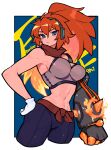  1girl arm_at_side armpit_crease blue_background blue_eyes border borrowed_character breasts brown_hair brown_sash brown_scarf closed_mouth commission cowboy_shot crop_top cropped_legs double-parted_bangs downturned_eyes gloves grey_shirt hacco_mayu hair_between_eyes hand_on_own_hip headphones highres impossible_clothes light_frown long_hair looking_at_viewer mechanical_arms medium_breasts mismatched_arms narrow_waist original outside_border scarf second-party_source serious shirt sideboob single_bare_arm single_glove skeb_commission standing stomach tall_female toned toned_female tsurime turning_head white_border white_gloves wide_ponytail 