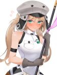  1girl absurdres armpit_crease artoria_caster_(fate) artoria_caster_(first_ascension)_(fate) artoria_pendragon_(fate) bare_shoulders blonde_hair blue_eyes blush breasts brown_gloves commentary_request fate/grand_order fate_(series) flying_sweatdrops gloves grey_hat hat highres holding holding_staff jeanne_d_kawaii long_hair looking_at_viewer mage_staff simple_background sleeveless smile solo staff staff_of_selection_(fate) sweat test_tube twintails white_background 