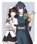  2girls black_hair black_skirt blue_background blue_dress bright_pupils camera closed_mouth dress expressionless hair_between_eyes hand_on_another&#039;s_head hat head_hug highres holding holding_camera holding_paper iizunamaru_megumu long_hair looking_at_viewer medium_hair min.k multiple_girls paper pointy_ears red_eyes shameimaru_aya shirt short_sleeves skirt smile tokin_hat touhou white_pupils white_shirt 