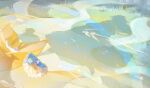  1girl absurdres alternate_costume blonde_hair blue_hat cartethyia_(wuthering_waves) commentary_request dress from_above goat grass hat highres huqu_(huqu45712) long_dress long_hair outdoors shadow solo very_long_hair white_dress wuthering_waves 