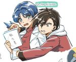  1boy 1girl ayan_ip blue_hair blush brown_eyes brown_hair commentary_request ethan_(pokemon) eyelashes green_eyes holding jacket kris_(pokemon) long_hair lowres open_clothes open_jacket open_mouth pokemon pokemon_adventures red_jacket red_shirt shirt short_hair sweatdrop teeth twitter_username white_background white_jacket 
