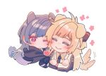  2girls animal_ears black_cape black_necktie blonde_hair blush cape closed_eyes closed_mouth crossed_arms dog_ears dog_girl dog_tail ear_blush emptyayya gradient_hair grey_hair heart jacket kemonomimi_mode long_hair multicolored_hair multiple_girls necktie pink_eyes purple_hair simple_background sky_striker_ace_-_raye sky_striker_ace_-_roze smile tail tail_wagging white_background white_jacket yu-gi-oh! yuri 