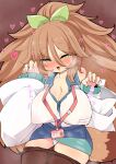  1girl absurdres blush bow breasts brown_hair brown_pantyhose cleavage clothes_pull covered_nipples detached_sleeves green_bow green_eyes hair_bow haruto_(hirokazu1001) highres large_breasts long_hair looking_at_viewer original panties pantyhose pantyhose_pull see-through_clothes see-through_shirt shirt sitting solo tail thick_eyebrows two-tone_skirt underwear very_long_hair white_panties wide_sleeves 