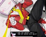  1boy ant_tenna asd1565326 belt black_belt black_pants blush bulge crt deltarune electric_plug electric_plug_tail english_text game_screenshot_inset gloves leash male_focus necktie object_head pants paw_pose pointy_nose solo spread_legs sweat tail tail_wagging tailcoat viewer_holding_leash white_gloves yellow_collar yellow_necktie 