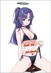  1girl alternate_costume bikini bikini_bottom_pull black_bikini black_choker black_halo blue_archive blue_eyes blue_hair blush body_writing breasts choker cleavage commentary_request fieryonion hair_intakes half_updo halo heart heart-shaped_pupils highres large_breasts long_hair looking_at_viewer milestone_celebration navel on_chair open_mouth pulling_own_clothes side-tie_bikini_bottom simple_background solo spread_legs swimsuit symbol-shaped_pupils teeth thighs upper_teeth_only white_background yuuka_(blue_archive) 