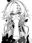  2girls absurdres aqua_eyes artist_name artist_self-insert bare_shoulders cerydra_(honkai:_star_rail) chinese_commentary crown detached_sleeves dress female_pov hair_intakes head_tilt highres honkai:_star_rail honkai_(series) imminent_kiss implied_yuri kiss kissing_hand lofter_username long_hair long_sleeves looking_at_viewer monochrome multiple_girls partially_colored pov pov_hands shade simple_background viewer_self-insert wavy_hair white_background yanhuan61211 