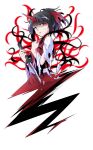  1girl :o black_hair commentary_request dairi full_body ghost_tail gloom_(expression) hair_ribbon holding holding_sword holding_weapon horns japanese_clothes katana kimono konngara_(touhou) large_variant_set long_sleeves looking_at_viewer open_mouth ponytail red_eyes red_horns red_kimono red_ribbon ribbon sash short_hair simple_background single_horn solo sweatdrop sword tachi-e torn_clothes torn_kimono torn_sleeves touhou touhou_(pc-98) transparent_background variant_set weapon white_sash white_sleeves wide_sleeves 