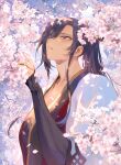  1girl black_hair blue_eyes breasts cherry_blossoms cleavage high_ponytail highres japanese_clothes kagura_(kagurai) kagurai_~kagura_and_raito~ kimono large_breasts long_hair mashutarou_(neko_no_oyashiro) ponytail solo upper_body 