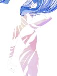  1other arm_up blue_hair blue_nails closed_eyes colored_skin completely_nude floating_hair from_behind highres houseki_no_kuni lapis_lazuli_(houseki_no_kuni) long_hair mt5_014 nude other_focus shadow simple_background solo very_long_hair white_background white_skin 