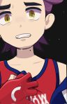  1boy black_background clenched_teeth clutching_chest collarbone commentary_request gloves hand_up highres jacket kieran_(pokemon) male_focus mole mole_on_neck nakikot_t off_shoulder partially_fingerless_gloves pokemon pokemon_sv purple_hair red_gloves red_shirt shirt sleeveless sleeveless_shirt solo sweatdrop teeth upper_body yellow_eyes 