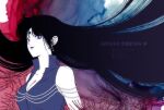  1girl aged_up bishoujo_senshi_sailor_moon black_hair breasts cleavage collarbone earrings facial_mark forehead_mark gem highres jewelry koya long_hair looking_at_viewer mistress_9 pearl_(gemstone) purple_eyes smile solo tomoe_hotaru very_long_hair 