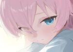  1girl absurdres blue_archive blue_eyes blush close-up closed_mouth evening_rabbit eyes_visible_through_hair hair_over_one_eye heterochromia highres hoshino_(blue_archive) looking_at_viewer pink_hair shirt solo white_shirt yellow_eyes 