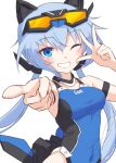  1girl absurdres blue_eyes blue_hair blue_one-piece_swimsuit blush breasts competition_swimsuit finger_gun frame_arms_girl goggles goggles_on_head highres long_hair looking_at_viewer low_twintails medium_breasts one-piece_swimsuit one_eye_closed pointing pointing_at_viewer signature simple_background smile soanote solo stylet swimsuit teeth twintails white_background 