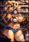  1girl absurdres adjusting_bra adjusting_clothes aqua_eyes aqua_trim artist_name bandage_on_thigh bare_legs bare_shoulders black_gloves black_sleeves blonde_hair blue_shorts bob_cut bottle box bra breasts chair ciel_dragbucket cleavage cloth commission cosmic_break cowboy_shot denim denim_shorts detached_sleeves fang flipped_hair gloves half-closed_eyes hands_up headphones highres holding holding_bottle hot indoors long_sleeves looking_back medium_breasts micro_shorts mogy64 open_fly open_mouth outline revealing_clothes second-party_source shelf shorts sidelighting solo standing sweat table thighs toned toned_female two-tone_bra underwear wet wire 