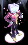  1boy absurdres ant_tenna artist_name black_pants commentary crt deltarune english_commentary fang full_body gloves hand_on_own_hip highres holding holding_microphone kokodebear male_focus microphone object_head pants pointy_nose shoes skin_fang smile solo sparkle spotlight tailcoat white_gloves yellow_shoes 