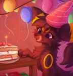 arm_tuft balloon big_ears birthday birthday_cake blep brown_body brown_fur brown_nose cake canid canine cheek_tuft claws clothing colored dessert eeveelution elbow_tuft facial_tuft female feral fluffy fluffy_chest fluffy_ears fluffy_hair fluffy_tail food fruit fur fur_markings furniture generation_2_pokemon gift hair happy hat headgear headwear hi_res hungry inflatable joeumbre licking light lighting mammal markings neck_tuft nintendo party party_hat pawpads pink_eyes plant pokemon pokemon_(species) purple_eyes rita_(joeumbre) shaded short_hair smile solo strawberry table tail tongue tongue_out tuft umbreon yellow_body yellow_fur