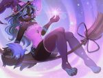4:3 anthro blue_body blue_fur blue_hair blue_nose breasts broom broom_riding canid canine cepto_(artist) choker claws cleaning_tool clothing ear_piercing female fur fur_markings hair hat headgear headwear hi_res jewelry legwear leotard looking_at_viewer magic magic_user mammal markings necklace piercing pink_clothing pink_eyes pink_leotard small_breasts smile solo stockings strapless_clothing strapless_leotard tagme witch witch_hat