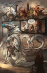 alectorfencer angry anthro blue_horn canid canine canis comic coyote dialogue dragon duo ears_up english_text eyes_closed female feral hair hi_res horn knocked_down long_horn mammal myre myre_(alectorfencer) mythological_creature mythological_scalie mythology oh_shit outside red_hair reins saddle saddle_bag scalie sharp_teeth sitting standing stubborn teeth text varug wide_eyed wingless_dragon
