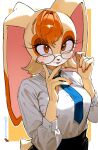 2025 5_fingers anthro artist_name big_ears black_nose breasts clothed clothing collared_shirt dress_shirt eyelashes eyewear female fingers fruitcrunchi fully_clothed glasses hair hi_res lagomorph leporid long_ears looking_at_viewer mammal mature_female necktie orange_eyes orange_hair rabbit sega shirt short_hair smile solo sonic_the_hedgehog_(series) text topwear twitter_handle vanilla_the_rabbit