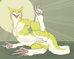 animal_genitalia anthro anus balls claws colored dlrp99 fangs feet foot_grab fur genitals hi_res looking_at_viewer male nude open_mouth penis presenting presenting_anus presenting_balls presenting_penis raised_leg sergal signature smile solo spread_legs spreading tail teeth tongue