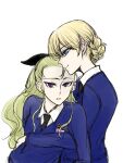  2girls anmitsu_sd arms_around_waist assam_(girls_und_panzer) black_bow black_necktie blonde_hair blue_eyes blue_sweater bow braid collared_shirt darjeeling_(girls_und_panzer) emblem from_side girls_und_panzer hair_bow highres long_hair long_sleeves multiple_girls necktie open_mouth purple_eyes school_uniform shirt st._gloriana&#039;s_(emblem) st._gloriana&#039;s_school_uniform sweater white_shirt yuri 